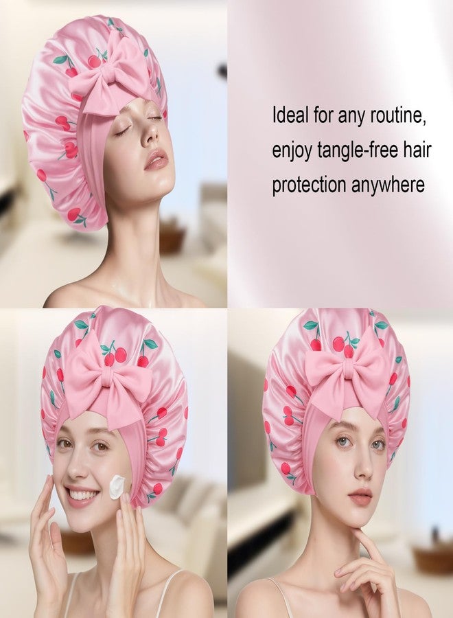Confvrter Silk Bonnet for Sleeping Women Adjustable Double Layer Satin Bonnet, Night Cap for Curly & Textured Hair Prevents Breakage, Tangles & Thinning, Cherry Blossom Print - Image 4